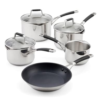 Stellar Flow 5 Piece Draining Saucepan Set - Stainless Steel Cookware Set with Draining Lids, Easy-Pour; Internal Measurement Guides – Includes 14cm Milk Pan, 3 Saucepans, 24cm Non-Stick Frying Pan