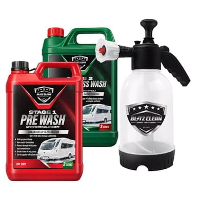 Concentrated Caravan Cleaning Kit with Pump Handheld Sprayer – Stage 1 Pre Wash Cleaner & Stage 2 Super Carnauba Wax Shampoo, Exterior Cleaning for Caravans & Motorhomes(2L Stage 1/Stage 2 + Sprayer)