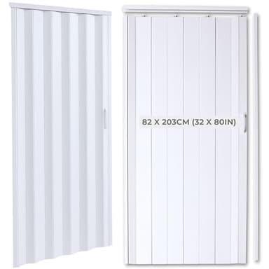 PVC Folding Door with White Wood Effect 82 x 203cm (32 x 80in) – Magnetic Closure & Easy-Grip Handle – Space-Saving Internal Concertina Door Foldable – Plastic Foldable Sliding Accordion Panels