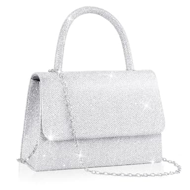 Larcenciel Women's Clutches, Sparkly Silver Handbags for Women with Detachable Chain, Top Handle Evening Clutch Bag, Elegant Crossbody Bag Fashion Shoulder Bag for Party Prom Wedding, 20x5.5x13.5cm