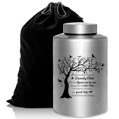 Gredstar Large Adult Cremation Urn for Human Ashes - Handcrafted Tree of Life Memorial Urn, Silver Burial & Keepsake Urns with Velvet Bag