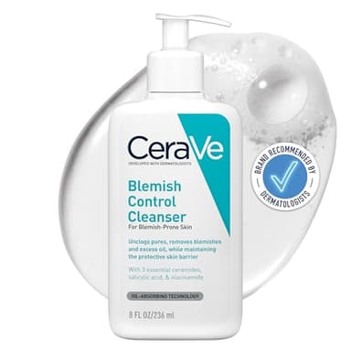 CeraVe Blemish Control Cleanser, 2% Salicylic Acid Face Wash with Niacinamide & 3 Essential Ceramides, Exfoliates & Clears Clogged Pores for Blemish-Prone Skin, Developed with Dermatologists, 236ml