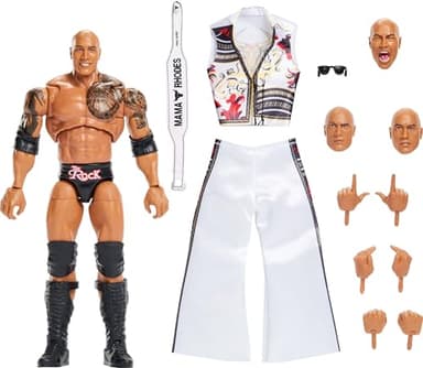 Mattel WWE Ultimate Edition Action Figure & Accessories Set, The Rock Final Boss 6-inch Collectible with Swappable Heads & Hands, 30 Articulation Points, JKD32