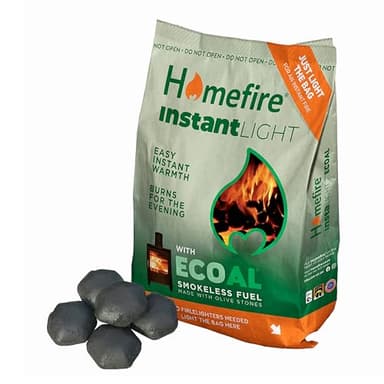 Instant Light Smokeless Coal Fire - Very Easy To Light 3kg Smokeless Ecoal Fuel Made with Olive Stones for Open Fire and Multi Fuel Stoves. Suitable for Smokeless Zones, Burns over 3hrs