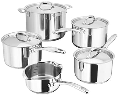 Stellar Profile Set of 5 Stainless Steel Pans 28cm 7.5L Stockpot, 20cm, 18cm, 14cm Saucepans with Lids, 14cm Milk Pan, Induction Ready