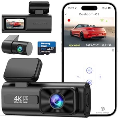 TINAZEOK Dash Cam Front and Rear 4K+1080P, 5GHz WiFi, Dual Dashcam with 64GB Card, App Control, 1.47" IPS Screen, 24H Parking Mode, Night Vision, 170° Wide Angle, G-Sensor, WDR, Car Camera (C3)
