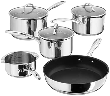 Stellar Profile 5-Piece Set of Stainless Steel Pans 16cm, 18cm & 20cm Draining Saucepans with Strainer Lids, Teflon Non Stick Frying Pan 26cm and Milk Pan 14cm, Induction Ready