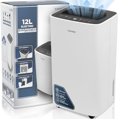 Tanness 12L Dehumidifier for Home with Digital Humidity Display, Sleep Mode, Continuous Drainage - Perfect for Drying Clothes, Bedroom, Basement, 24H Timer, Quiet Operation