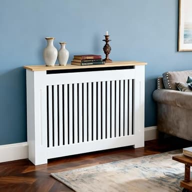 Tall Radiator Cover Painted Radiator Covers, 92cm External Height Medium Heater Covers with Wood Texture Nature Top, Inner 90cm Vertical Slats - White MDF,Modern Thicken Decor Shelf for Home Office