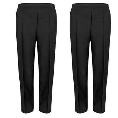 Pack of 2 Ladies Trousers Women Straight Leg Half Elasticated Waist Pants – Stretch Waist Casual Office Work Formal Pull-On Bottom with Pockets – Comfortable Lightweight Everyday Workwear Black 14/25
