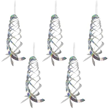 POFET 5PCS Bird Repellent Spiral Reflector Silver Mylar Spinner, Hanging Reflective Bird Deterrent Device, Garden Decor To Scare Away Birds Such As Woodpeckers, Pigeons