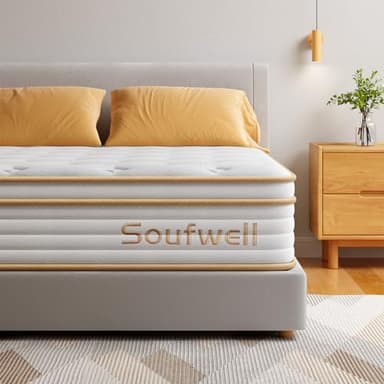 Soufwell Double Mattress 10.6 Inch, Memory Foam Hybrid Double Mattress, Zoned Coil Pocket Sprungs, Medium Firm Orthopedic Support, Motion Isolation, 135x190x27cm