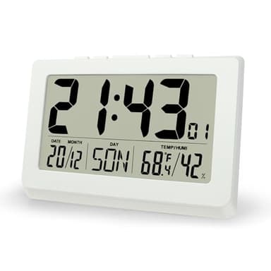 Lafocuse 10" LCD Large Display Digital Clock, Wall Mounted and Desktop, Battery Operated Electronic Clocks with Date, Day, Temperature, Snooze Function for Elderly, Living Room Bedroom Office, White