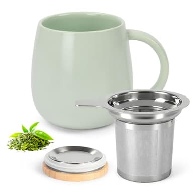 AOOTE Tea Cup with Infuser and Lid, 480ml Large Tea Mug, Ceramic Mug with Wooden Lid and Stainless Steel Infuser for Teas, Coffee, Water, Teas Cup for Office Home Use, Dishwasher Safe, Green