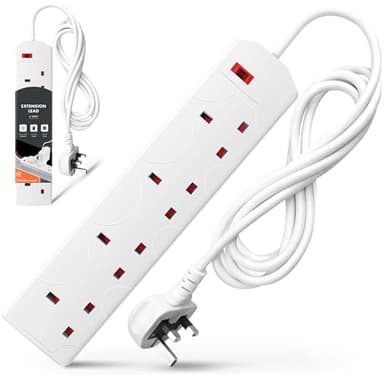 Wolf Power Extension Lead, 4 Gang, 2 Metre Extension Cable with UK 3 Pin Plug & Socket, Wall Mountable Power Strip for Home, Office & Appliances (White, 1 Pack)