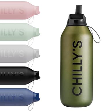 Chilly's Series 2 Flip Water Bottle with Sports Lid - Vacuum Insulated Stainless Steel Water Bottle with Straw, Carry Loop, & Cleaning Brush - No Sweat - 500ml - Ombre, Moss