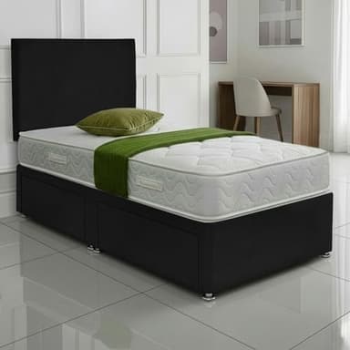 SANA SLEEP Sleek 3FT single Bed with Pocket Sprung Mattress & 2 Drawers | Compact Bedroom Set | Sturdy Frame for Comfort | Chic Divan Design | Modern Spaces Furniture (Black Plush)