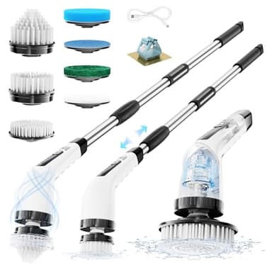 SAKAKI Electric Spin Scrubber, 7 in 1 Cordless Electric Cleaning Brush, Adjustable Long Handle Electric Scrubber, 300/400RPM Dual Speed Power Scrubber for Bathroom Tub Floor Wall Kitchen Tile Car