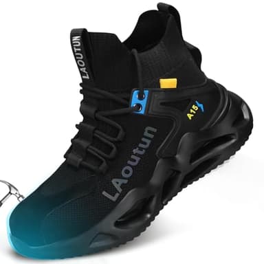 LAoutun Safety Trainers Comfortable Steel Toe Cap Trainers Mens Safety Shoes Lightweight Work Boots for Men Industrial Protective Work Shoes 0206Black Size 9 UK