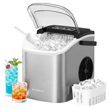 SONGMICS Ice Maker Countertop, Ice Cube Machine with Self Cleaning, 6 Minutes 9 Cubes in 2 Sizes, 12 kg in 24 h, Portable for Kitchen Home Office Dorm Party Camping, Silver Grey XZB001E1UK