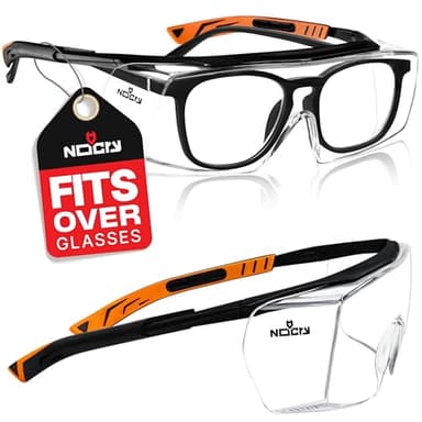 NoCry Over-Glasses Safety Glasses - with Clear Anti-Scratch Wraparound Lenses, Adjustable Arms, Side Shields, UV400 Protection, ANSI Z87 & OSHA Certified (Black & Orange)