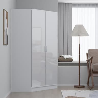 Reflect 2 Door Corner Wardrobe | White Gloss & Matt White | Bedroom Storage with 2 Hanging Rails & 8 Shelves | H: 180cm x W: 103cm x D: 103cm | Modern Space Saving Design