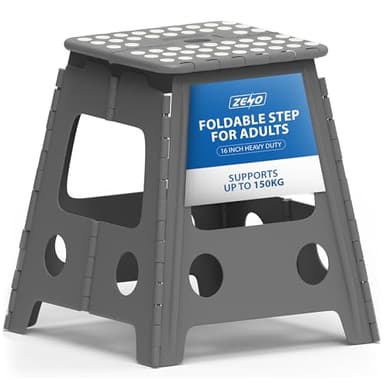 ZENO Step Stool 16 Inch | Folding Stool | Heavy Duty Foldable Stools for Adults & Kids | Folding Stools for Kitchen, Bathroom, Bedroom | Lightweight & Easy To Carry | Holds 150KG | Grey