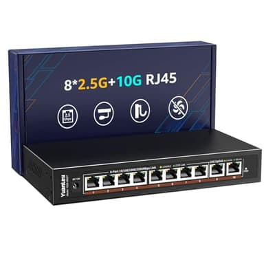 10 Port 10G Ethernet Switch Unmanaged, 8 x 2.5G Base-T Ports, 2 x 10Gb RJ45 Ports, Compatible with 100/1000/2500Mbps, Metal Fanless, YuanLey 2.5Gbe Network Switch for 2.5G/10G NAS, Wireless AP