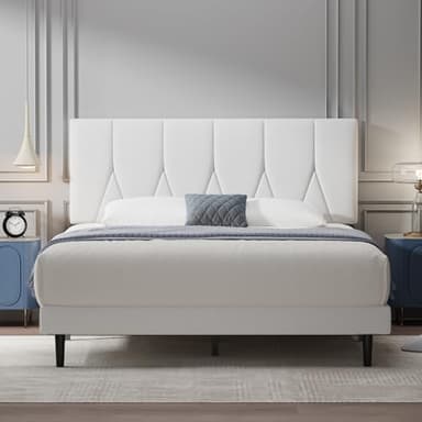 Yocreat Small Double Bed Frame, White, Upholstered Wooden Slat Bed Frame with Headboard, Easy Assembly, Underbed Storage, No Box Spring Needed 120×190