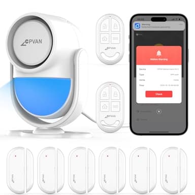 CPVAN Home Alarm System, 2.4G WiFi PIR Motion Sensor Alarm, Wireless DIY Smart Door/Window Alarm for Home Security with Phone APP Alert 9 Pieces Kit (PIR Alarm Hub, 6 Door Sensors, 2 Remotes), White