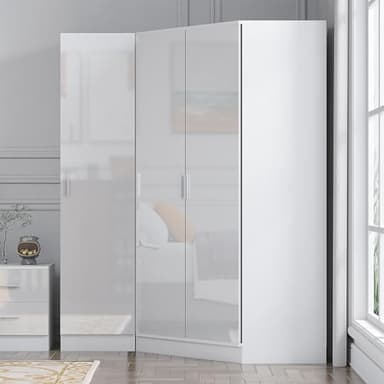 Reflect 2 Piece Wardrobe Bundle | 2 Door Corner + 1 Door Plain | White Gloss & Matt White Finish | H: 180cm x W: 179cm x D: 103cm | Modern Bedroom Furniture Storage Solution