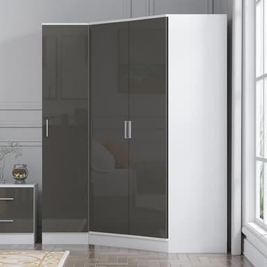 Reflect 2 Piece Wardrobe Bundle | 2 Door Corner + 1 Door Plain | Grey Gloss & Matt White Finish | H: 180cm x W: 179cm x D: 103cm | Modern Bedroom Furniture Storage Solution