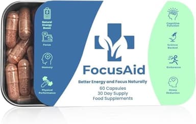 Focus Aid’s Nootropic Brain Supplement – Natural Supplement Reduce Brain Fog, Improve Focus, Memory, Energy & Concentration with Lions Mane & Ashwagandha, 60 Capsules