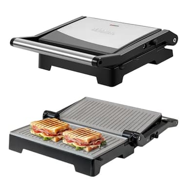 Schallen Panini Grill Press, 2 Slice Sandwich Panini Press & Toastie Maker Machine | Stainless Steel Kitchen Appliance with Non Stick Hot Plates, Cool Touch Handle, 1000W, Black & Silver