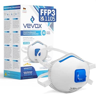 VEVOX® FFP3 Dust Mask - Set of 20 - Valved Face Masks - Respirator - Protection e.g. for Construction, Sanding, Spray Painting, Cleaning, Mould, Fine Dusts or Asbestos Particles