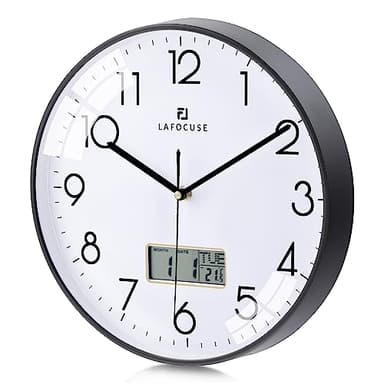 Lafocuse 12 Inch Silent Black Wall Clock with Date and Day, Temperature, Day of Week, Kitchen Wall Clocks for Living Room Modern, LCD Digital Wall Clock Battery Operated Office Bedroom