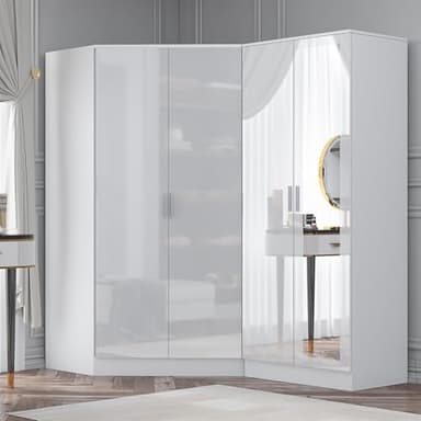 Reflect 2 Piece Wardrobe Bundle | 2 Door Corner + 2 Door Mirror | White Gloss & Matt White Finish | H: 180cm x W: 179cm x D: 103cm | Modern Bedroom Furniture Storage Solution