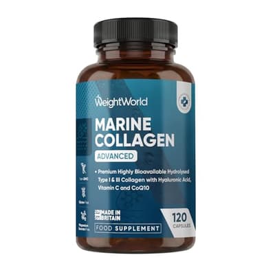 WeightWorld Marine Collagen Capsules 1455mg | 120 Capsules | Type 1 & 3 Collagen Supplements for Women & Men | Hydrolysed Fish Peptides Complex with Hyaluronic Acid, Vitamin C, Zinc & CoQ10