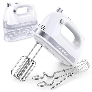 Lord Eagle Hand Mixer Electric Whisk, 400W Power Handheld Mixer for Baking Cake Egg Cream Food Beater, Turbo Boost/Self-Control Speed + 5 Speed + Eject Button + 5 Accessories, White