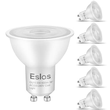 Eslas Gu10 LED Bulbs Cool White 6500K 6W 600Lm, 60 Watts Equivalent Energy Saving LED Bulbs, 38 Degree Beam Angle LED Spot Lights for Ceiling, Non-Dimmable, 6 Pack