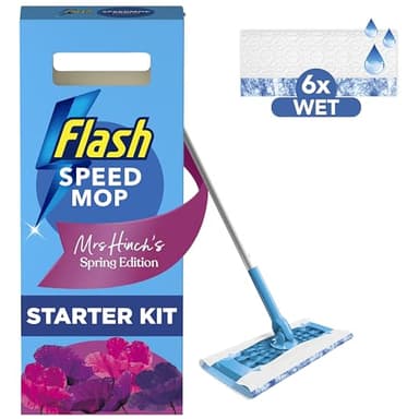 Flash Speedmop Mrs Hinch's Wet Mop Head Floor Cleaner Starter Kit For Cleaning Floors With Scrubbing Action, Includes: 1 Mop, 6 Wet Refills, Lemon Scent