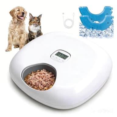 Pet Prime 6-Cell Automatic Cat Feeder with 2 Ice Packs Timed Wet/Dry Food Dispenser for Dog Rechargeable Pet Food Bowl with Timer (White-Auto Feeder with 2 Ice Packs)