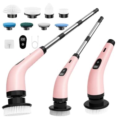 SINZUX Electric Spin Scrubber, Electric Cleaning Brush with 8 Replaceable Brush Heads, Power Scrubbing Brush with LED Display and Adjustable Extension Handle, Power Scrubber for Bathroom Kitchen Car