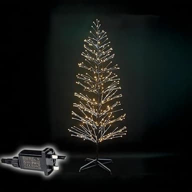 7Ft/2.1m Pre-Lit Brown Snowy Twig Christmas Tree – 392 Wam White Micro LEDs – Mains Operated - Snow Flocked Birch Tree Xmas Home Light Decoration