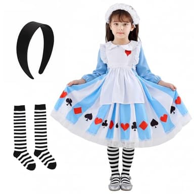 Formemory Alice World Book Day Costumes with Maid Dress,Headpiece,Hairband and Black White Striped Over Knee Socks for Book Character Dress Up and Story Themed Events