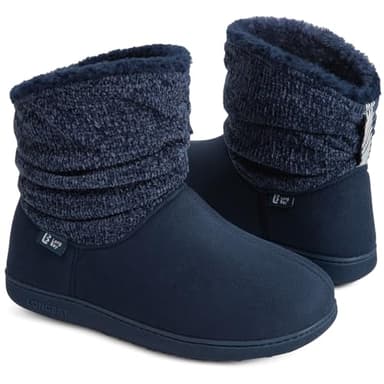 LongBay Ladies' Warm Chenille Knit Bootie Slippers Women's Comfy Suedette Fluffy Faux Fur Memory Foam Boots House Shoes(5-6 UK,Navy blue)