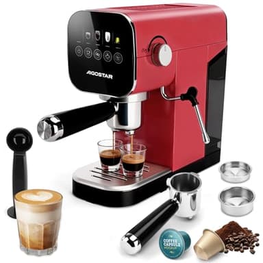 Aigostar Capsule & Ground Espresso Coffee Machine 20Bar, Milk Frother Wand, Digital Touch Panel, Professional Coffee Machine for Espresso, Cappuccino & Latte, 1/2 Cup, Stainless Steel, 1350W, Red