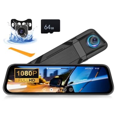 OiLiehu 9.66" 1080P Mirror Dash Cam, LCD Touch Screen Smart Rear View Mirror Camera, Dash Cam Front and Rear for Cars and Trucks, Night Vision, Reverse Assist, G-sensor, Loop Record, 64G Card