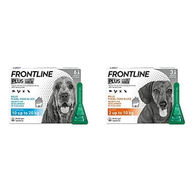 FRONTLINE Plus Flea & Tick Treatment for Medium Dogs (10-20 kg) - 6 Pipettes & Plus Flea & Tick Treatment for Small Dogs (2-10 kg) - 3 Pipettes