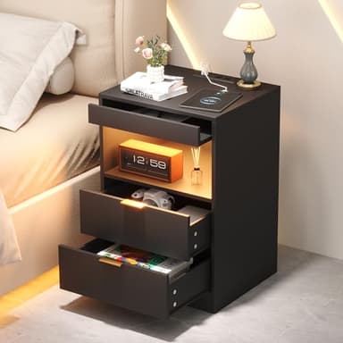 Yusong LED Nightstand Bedside Table with Charging Station 2 Drawers, Black Modern Sofa Couch End Side Table with Lights and Pull-Out Shelf for Bedroom Living Room, Wooden